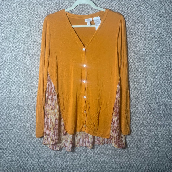 LOGO Lori Goldstein Womens Shirt Size Medium Yellow Stretch Chiffon Back‎ Casual - Picture 1 of 10